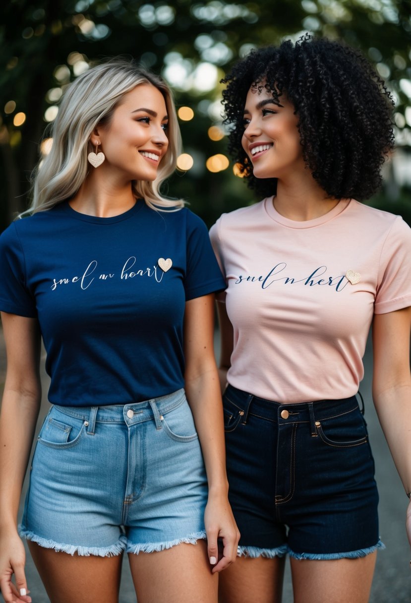 Two matching tees, one in a deep navy blue and the other in a soft blush pink, with elegant script writing and a small heart motif