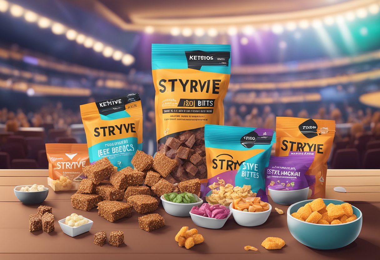 A variety of Stryve Beef Bites packaging scattered on a table surrounded by keto-friendly snacks, set against the backdrop of a concert hall