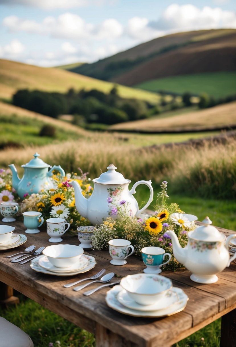 A rustic wooden table adorned with vintage teapots, mismatched china cups, and wildflower bouquets, set against a backdrop of rolling hills and a quaint outdoor setting