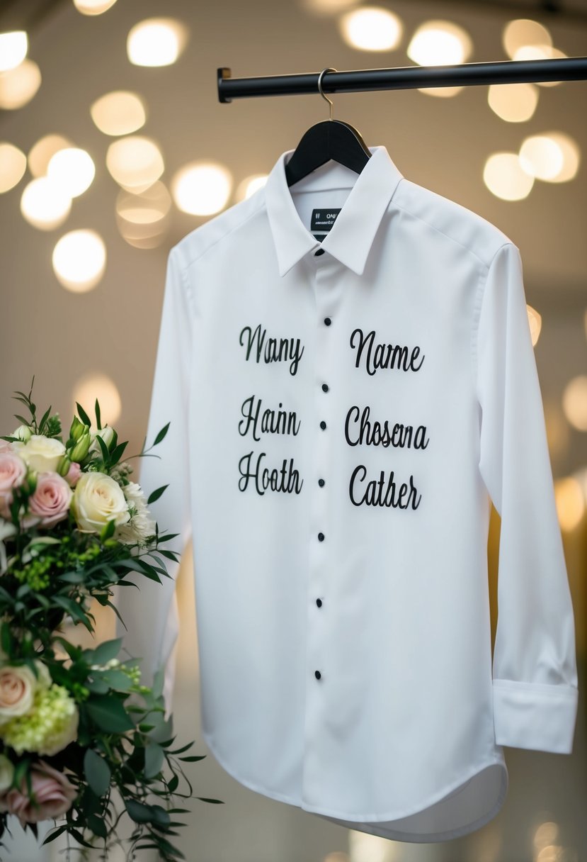 A wedding shirt with customizable date and names displayed on a hanger with a bouquet of flowers nearby