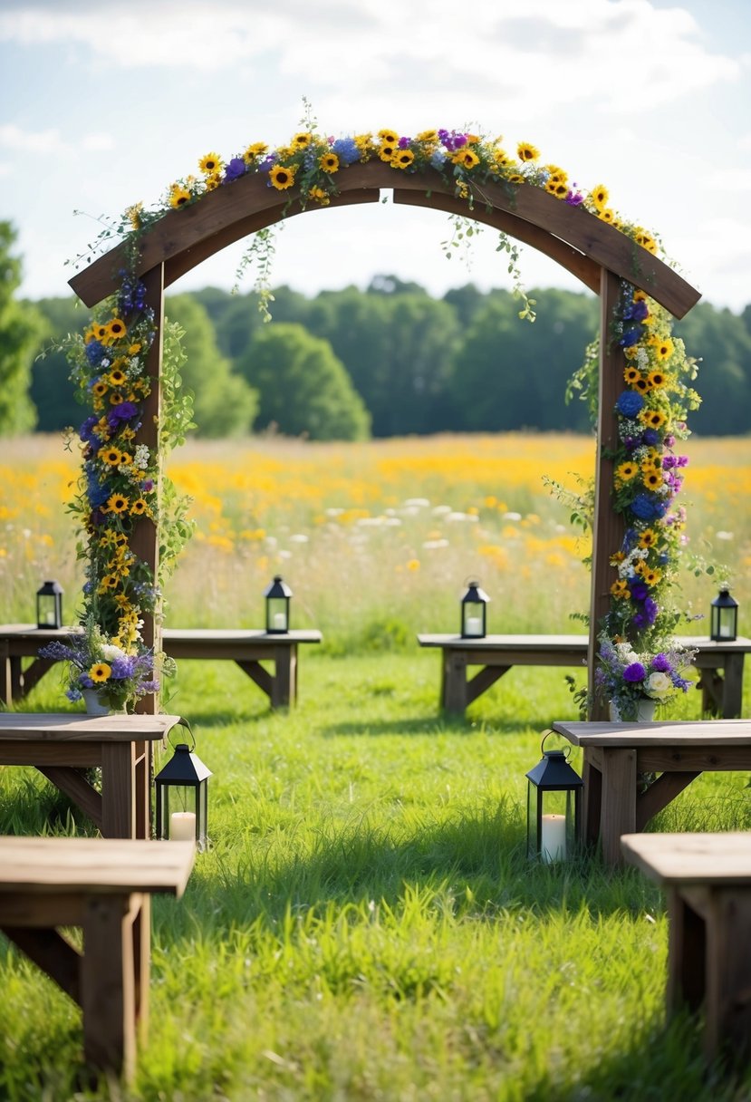 A wooden arch adorned with colorful wildflowers stands in a meadow, surrounded by rustic wooden benches and lanterns