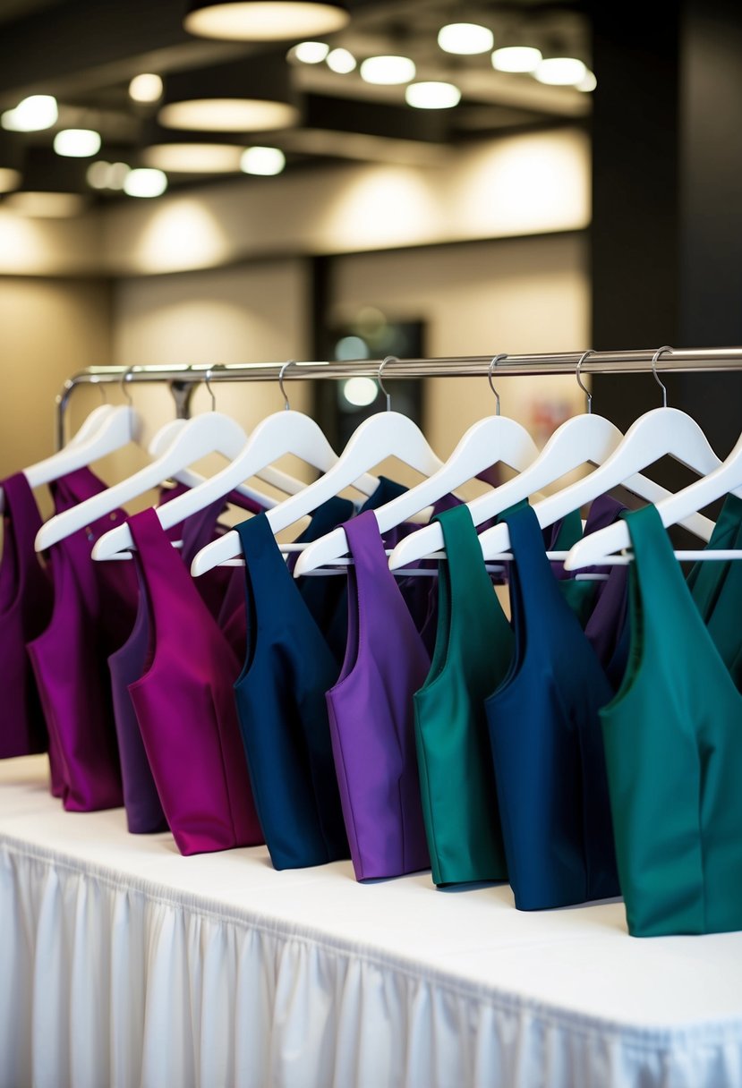 A group of coordinating bridesmaid squad tops arranged in a neat display on a table