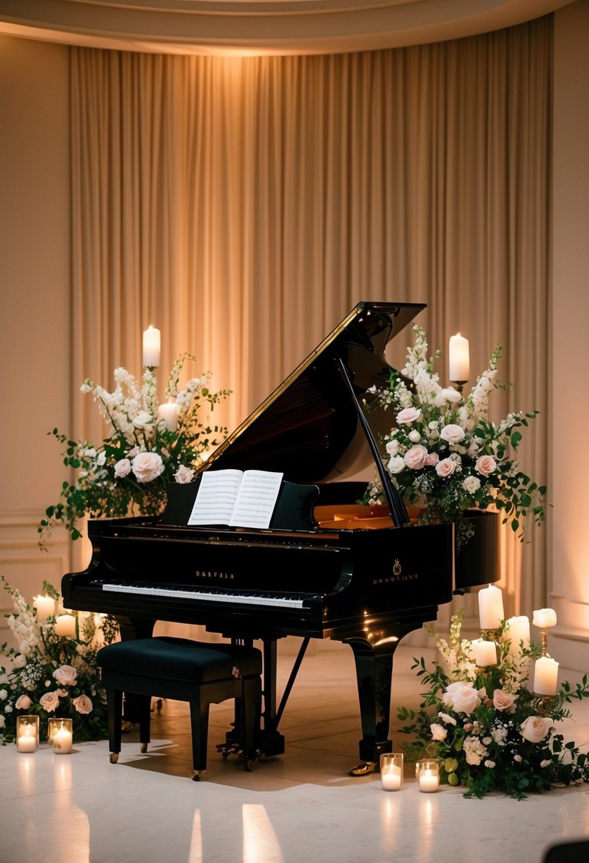 A grand piano surrounded by delicate floral arrangements, bathed in soft candlelight, sets the stage for a romantic evening of wedding music