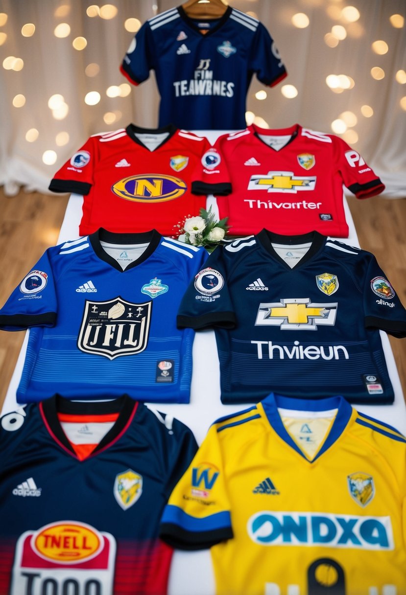 A group of colorful team jerseys arranged on a table, each with a unique design and personalized details for a wedding celebration