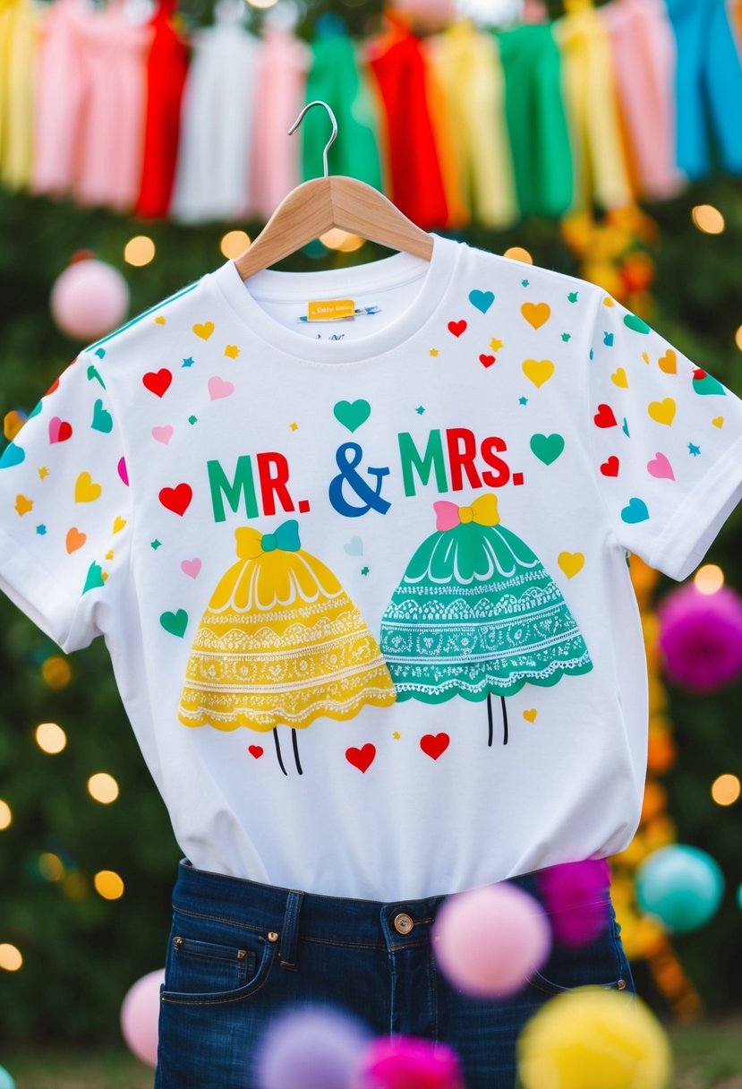 A festive wedding shirt design with playful Mr. & Mrs. Prints theme, featuring colorful patterns and celebratory elements