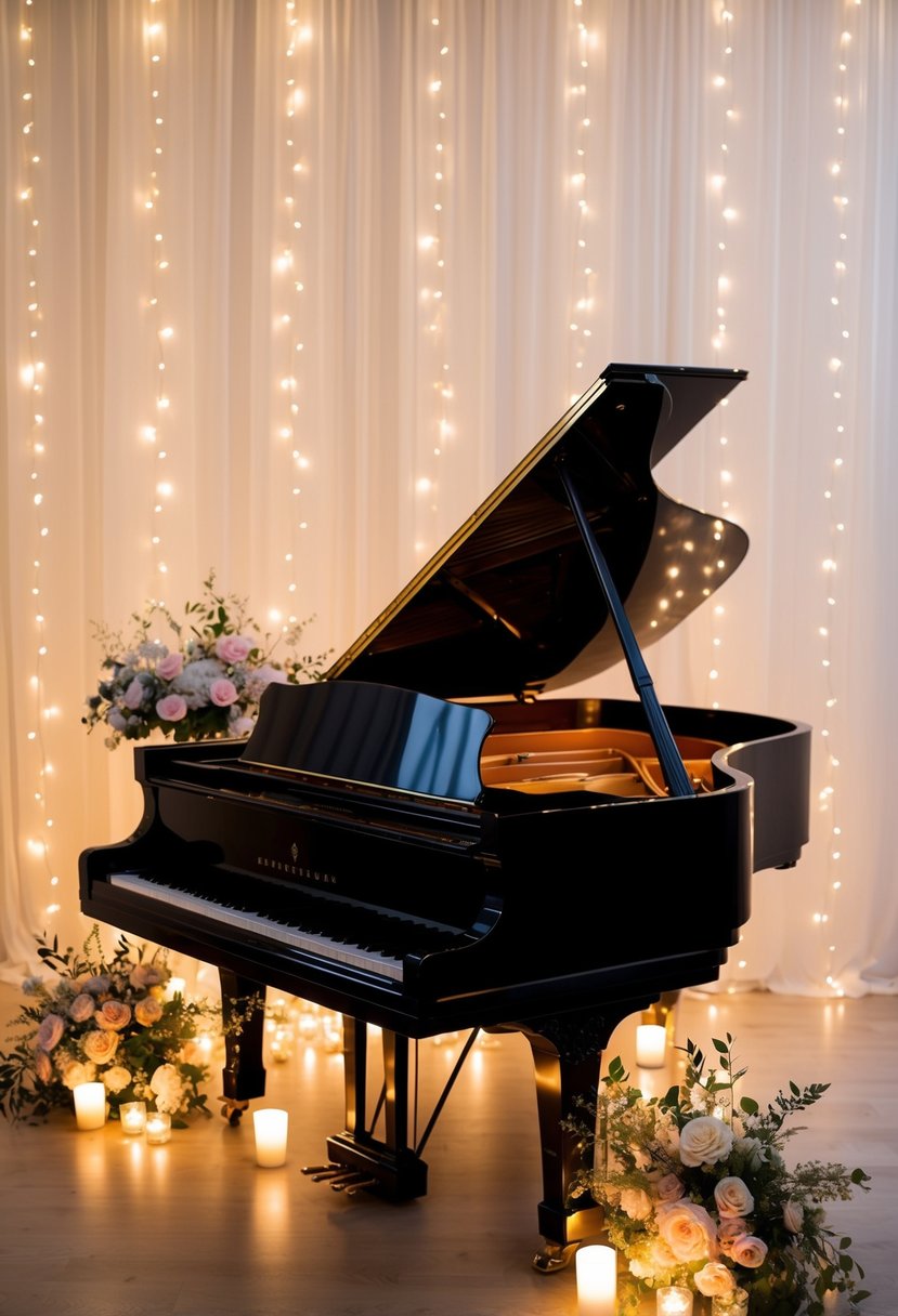 A grand piano bathed in soft candlelight, surrounded by delicate floral arrangements and twinkling fairy lights