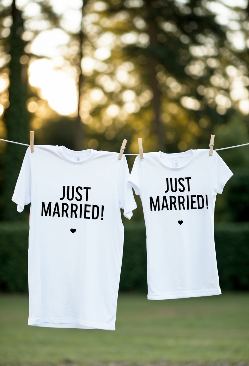 A newlywed couple's Just Married T-shirts hanging on a clothesline