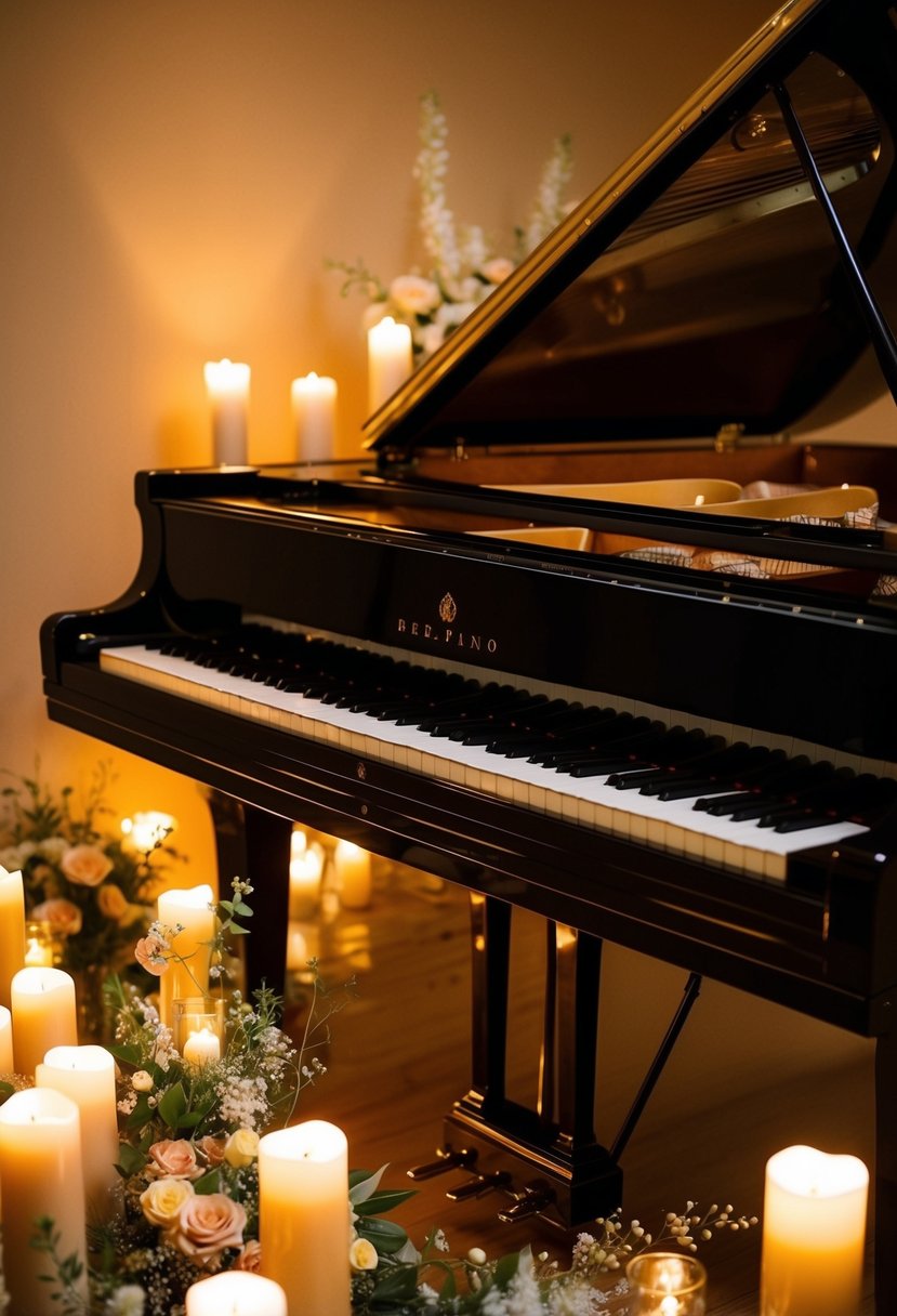 A grand piano bathed in warm light, surrounded by flickering candles and delicate floral arrangements