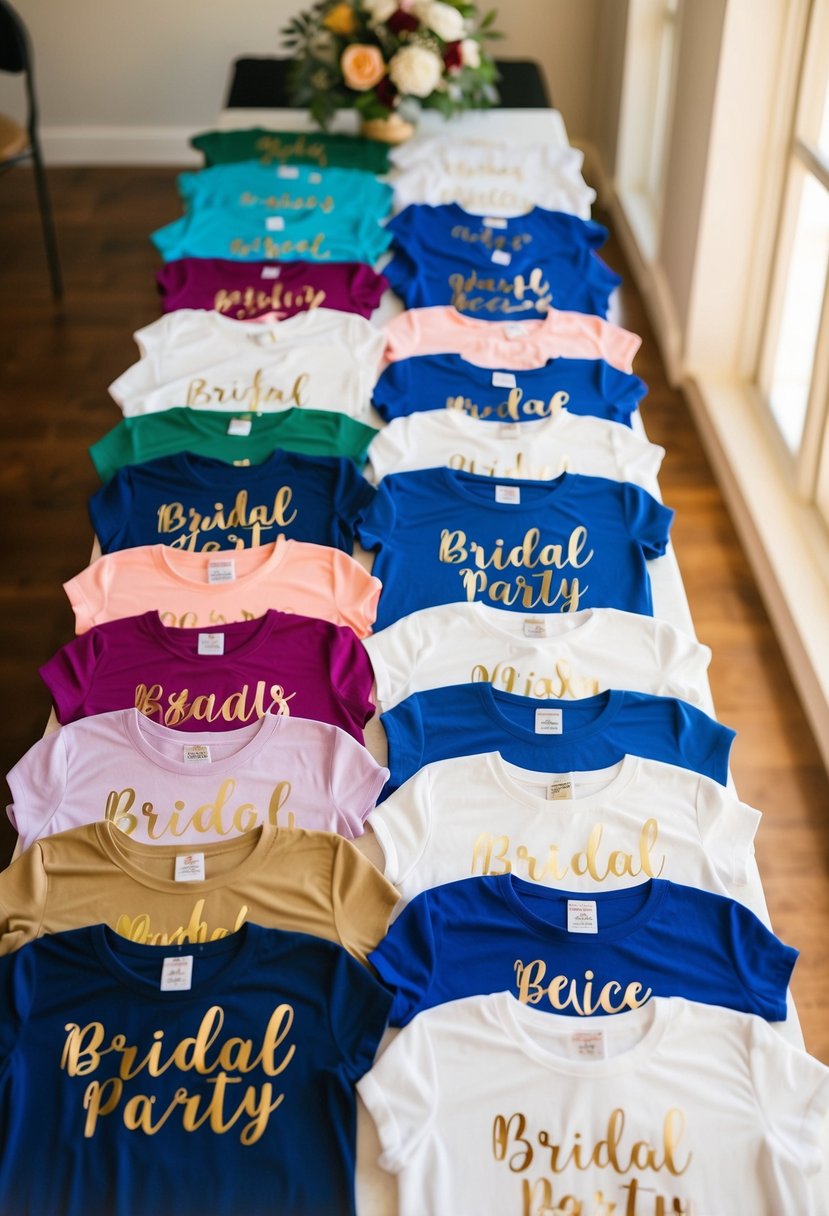 A group of colorful personalized bridal party shirts arranged neatly on a table, with various designs and sizes displayed