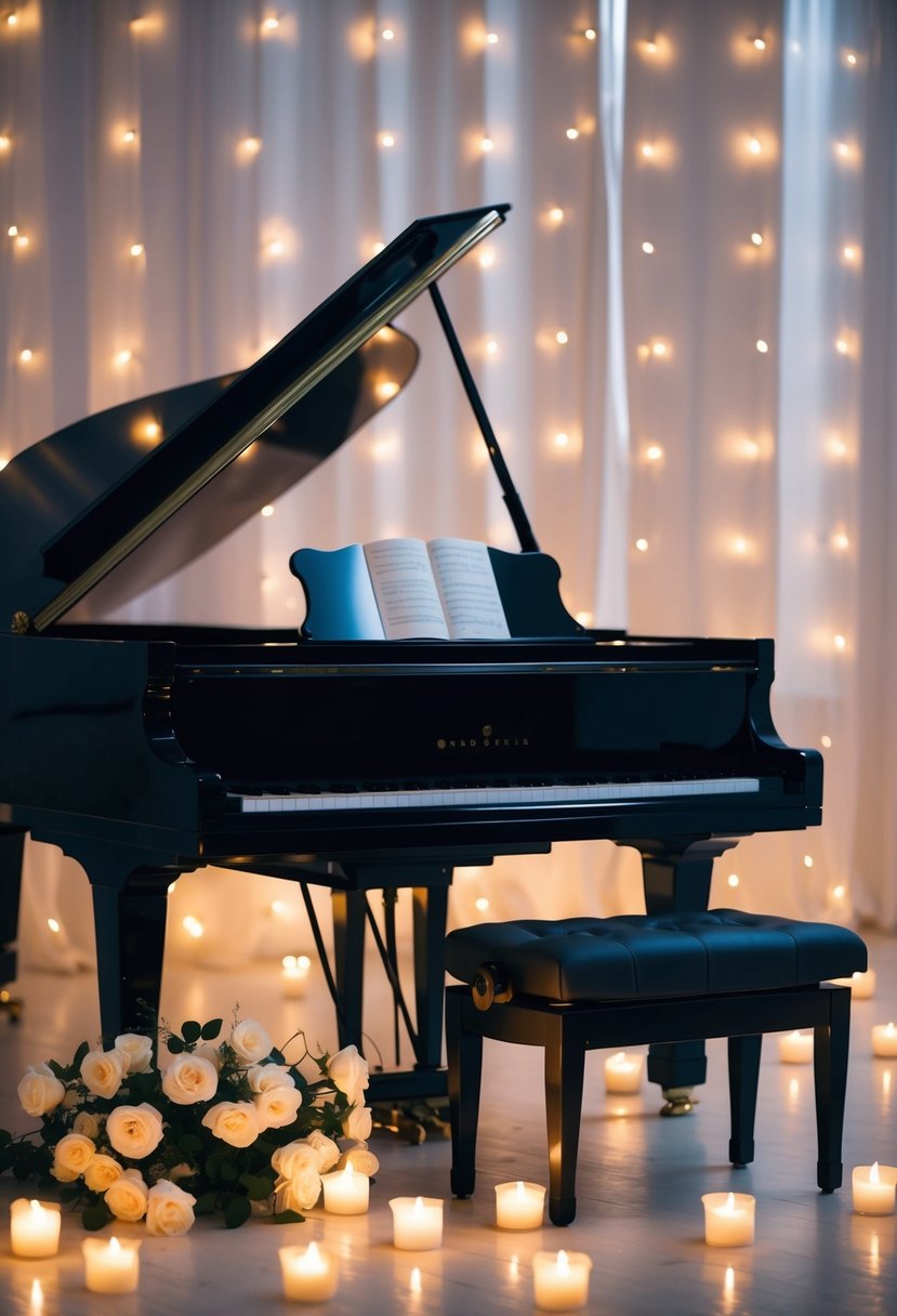 A grand piano bathed in soft candlelight, surrounded by blooming white roses and flickering tea lights