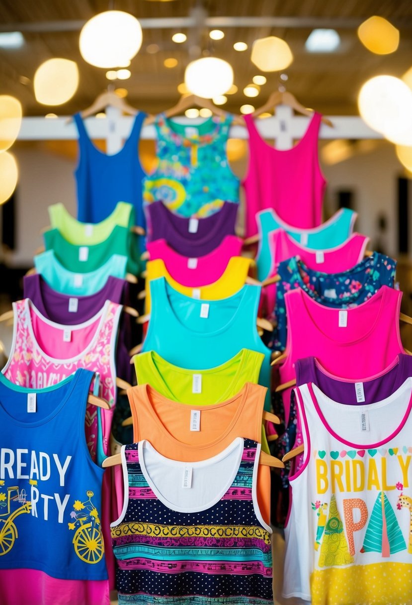 A group of colorful tank tops arranged in a playful and festive display, with a variety of designs and patterns, ready for a bridal party