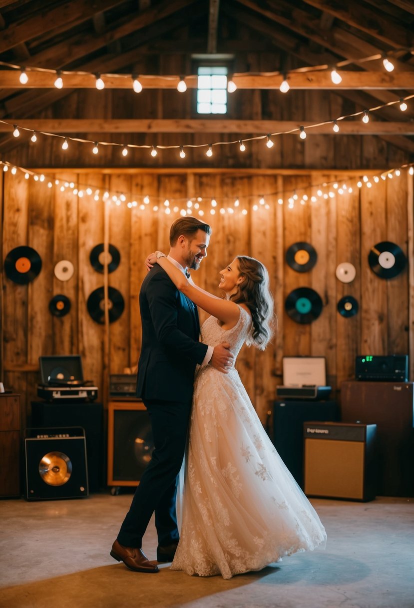 A couple dancing under twinkling lights in a rustic barn, surrounded by vintage records and a cozy atmosphere