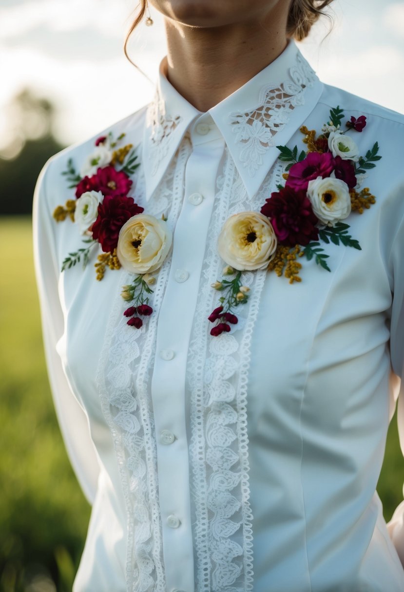 A white wedding shirt adorned with delicate lace patterns and vibrant floral accents