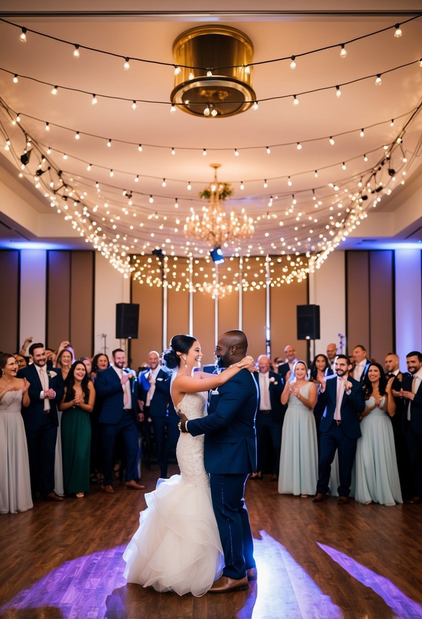 A joyful wedding reception with a dance floor filled with guests, twinkling lights, and a live band performing "Marry You" by Bruno Mars