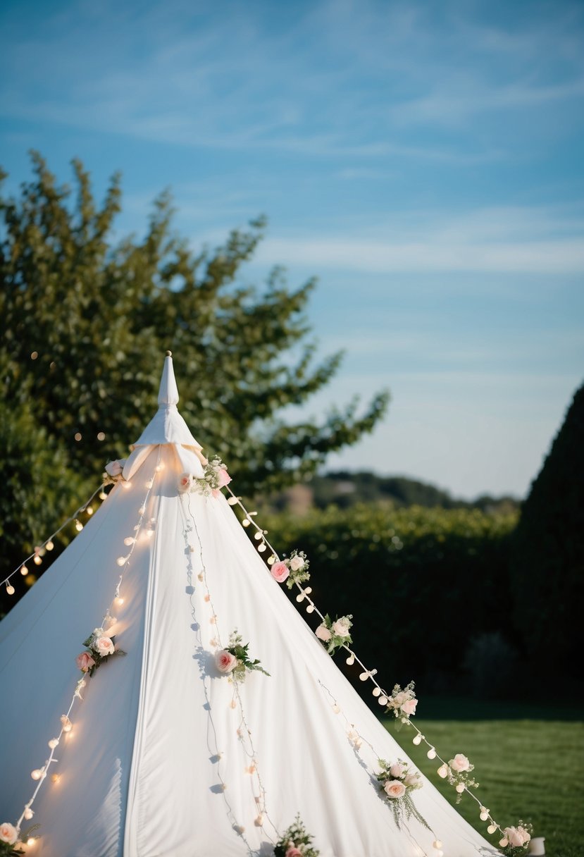 A white tent adorned with fairy lights and flowers, set against a backdrop of lush greenery and a clear blue sky