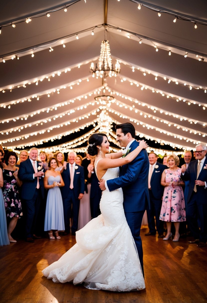 A bride and groom dancing under twinkling lights, surrounded by family and friends, as the song "Can't Help Falling in Love" by Elvis Presley plays in the background