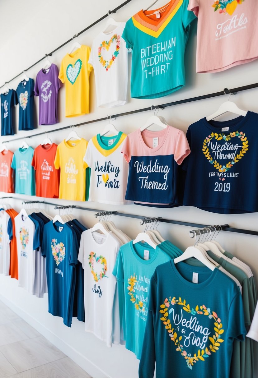 A colorful array of wedding-themed t-shirts displayed on a clean, white background