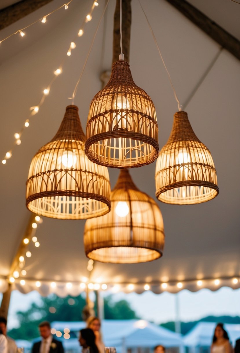 Rattan lamp shades hang from a tent ceiling, casting warm, rustic light over a wedding reception