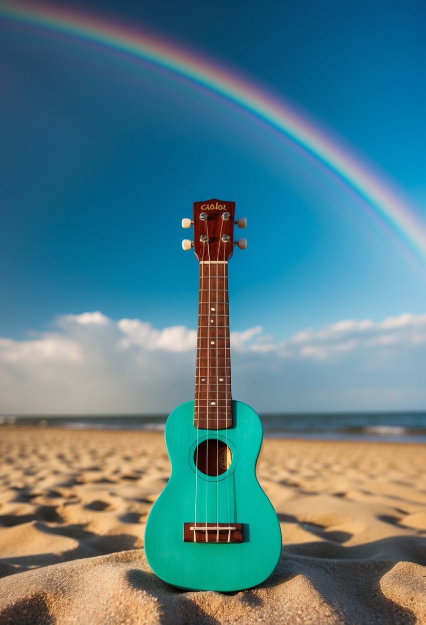 A ukulele resting on a sandy beach, with a vibrant rainbow stretching across a clear blue sky