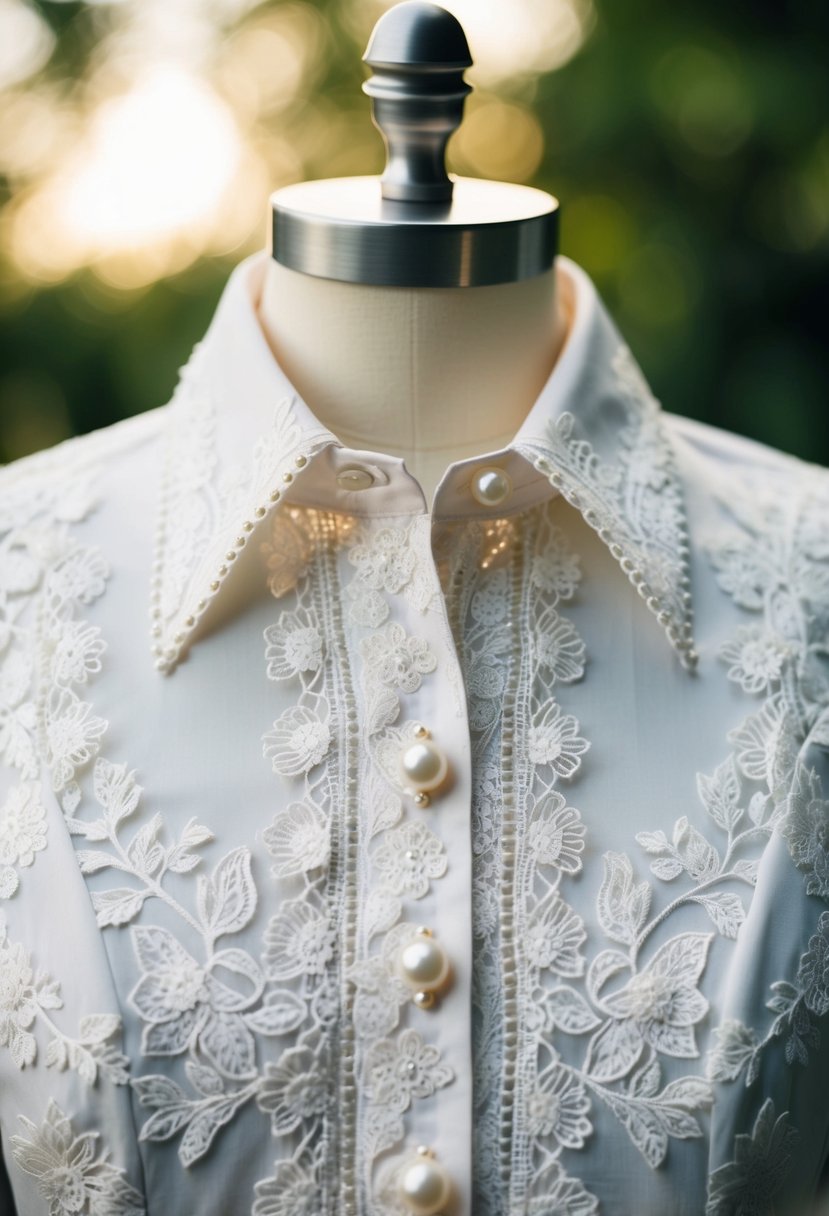 A vintage-inspired wedding shirt with intricate lace and floral patterns, accented with delicate pearl buttons and a classic pointed collar