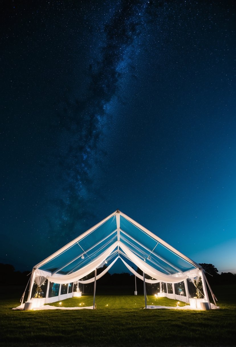 A clear wedding tent sits under the night sky, with twinkling stars visible through the transparent roof