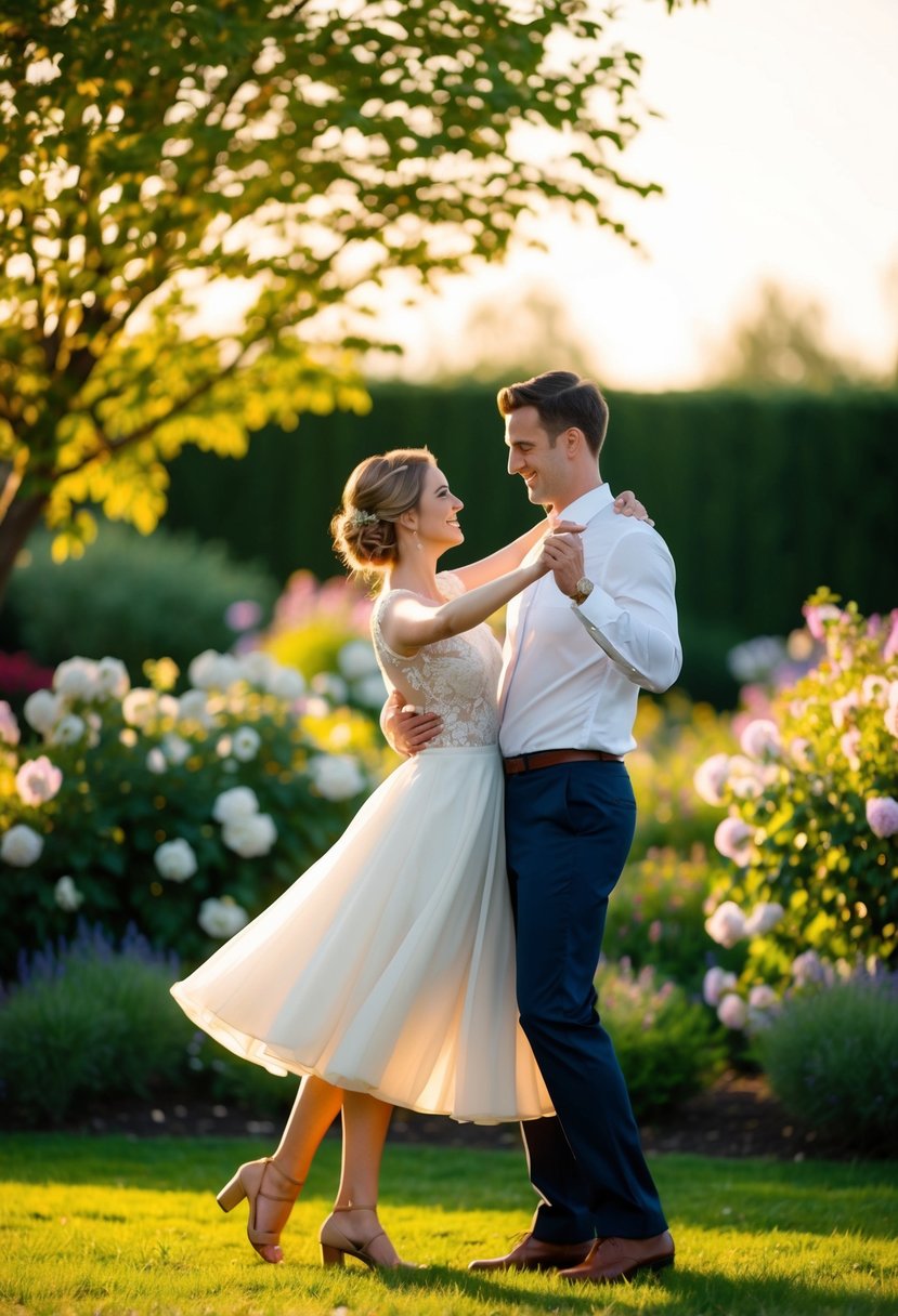 A couple dances in a sunlit garden, surrounded by blooming flowers and a warm, golden glow