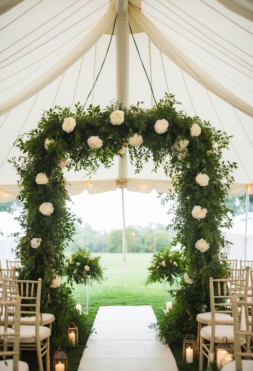 A lush garland drapes over the entrance of a white tent, creating an enchanted atmosphere for a wedding celebration