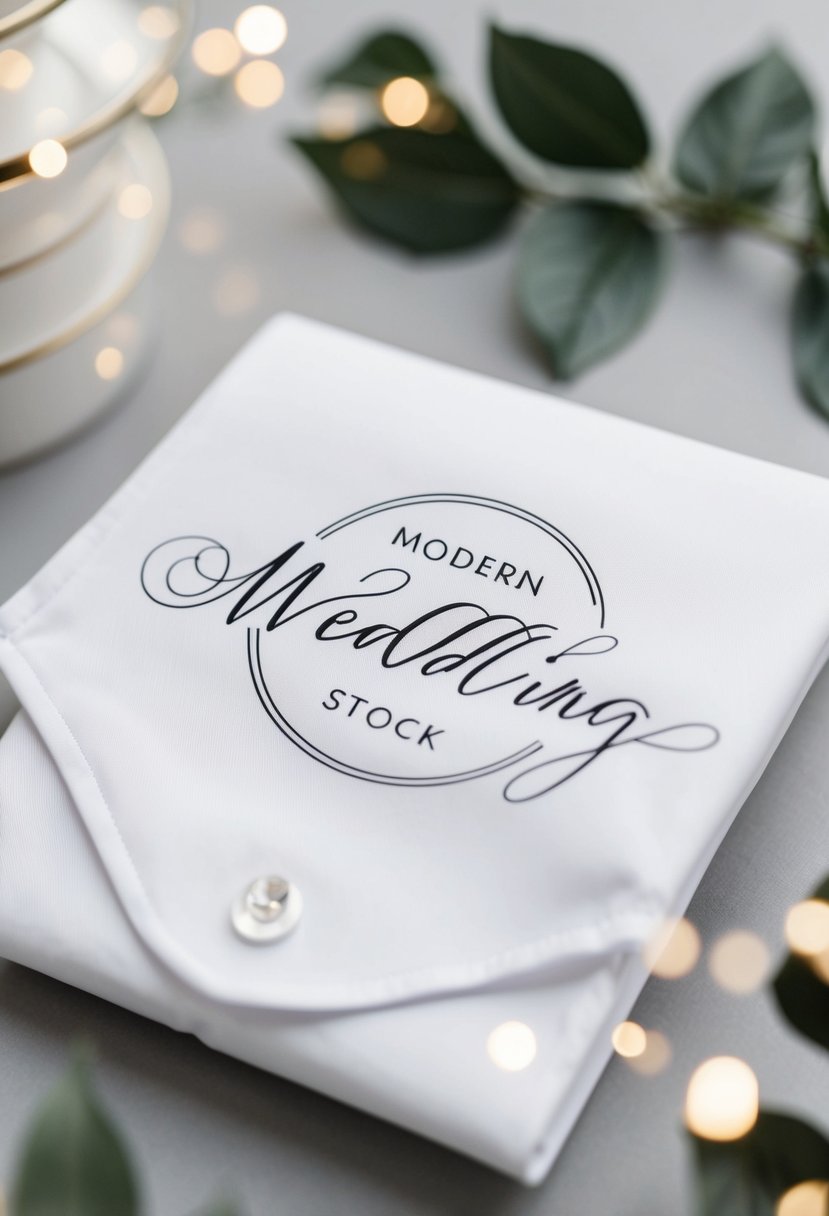 A sleek, elegant wedding shirt design featuring modern calligraphy logos in a minimalist, sophisticated style