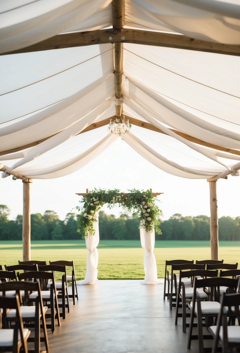 An open-top canopy billows in the breeze, framing a serene outdoor wedding space with a light and airy feel