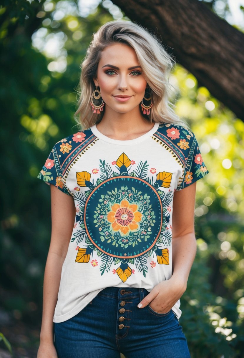 A colorful bohemian-inspired t-shirt design with floral patterns and geometric shapes, incorporating elements of nature and spirituality