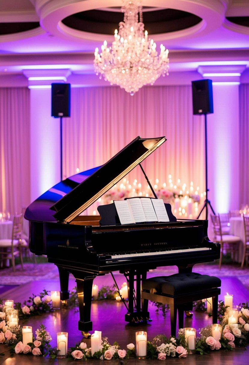 A grand piano sits in the center of a ballroom, adorned with flowers and candles. Soft, romantic lighting fills the space as the music of "I Will Always Love You" by Whitney Houston fills the air