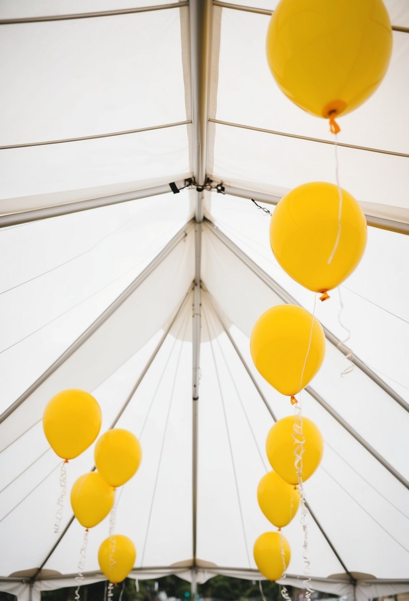 A white tent adorned with yellow balloons, adding a pop of color to the wedding celebration