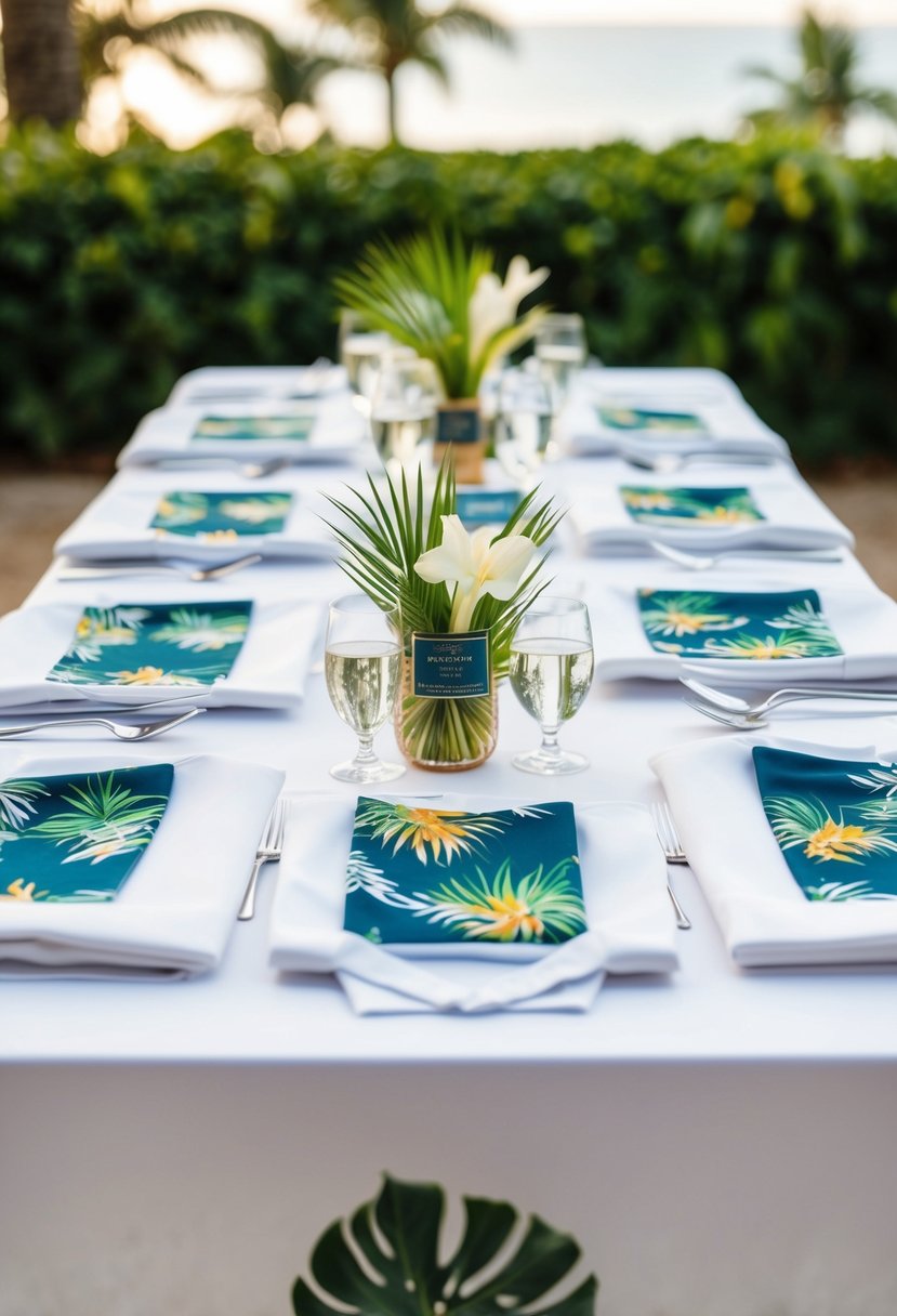 A table displaying various wedding shirt designs with tropical motifs and destination-themed patterns