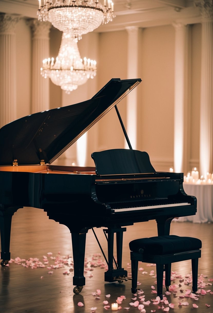 A grand piano sits in a dimly lit ballroom, bathed in soft candlelight, as rose petals are scattered on the floor