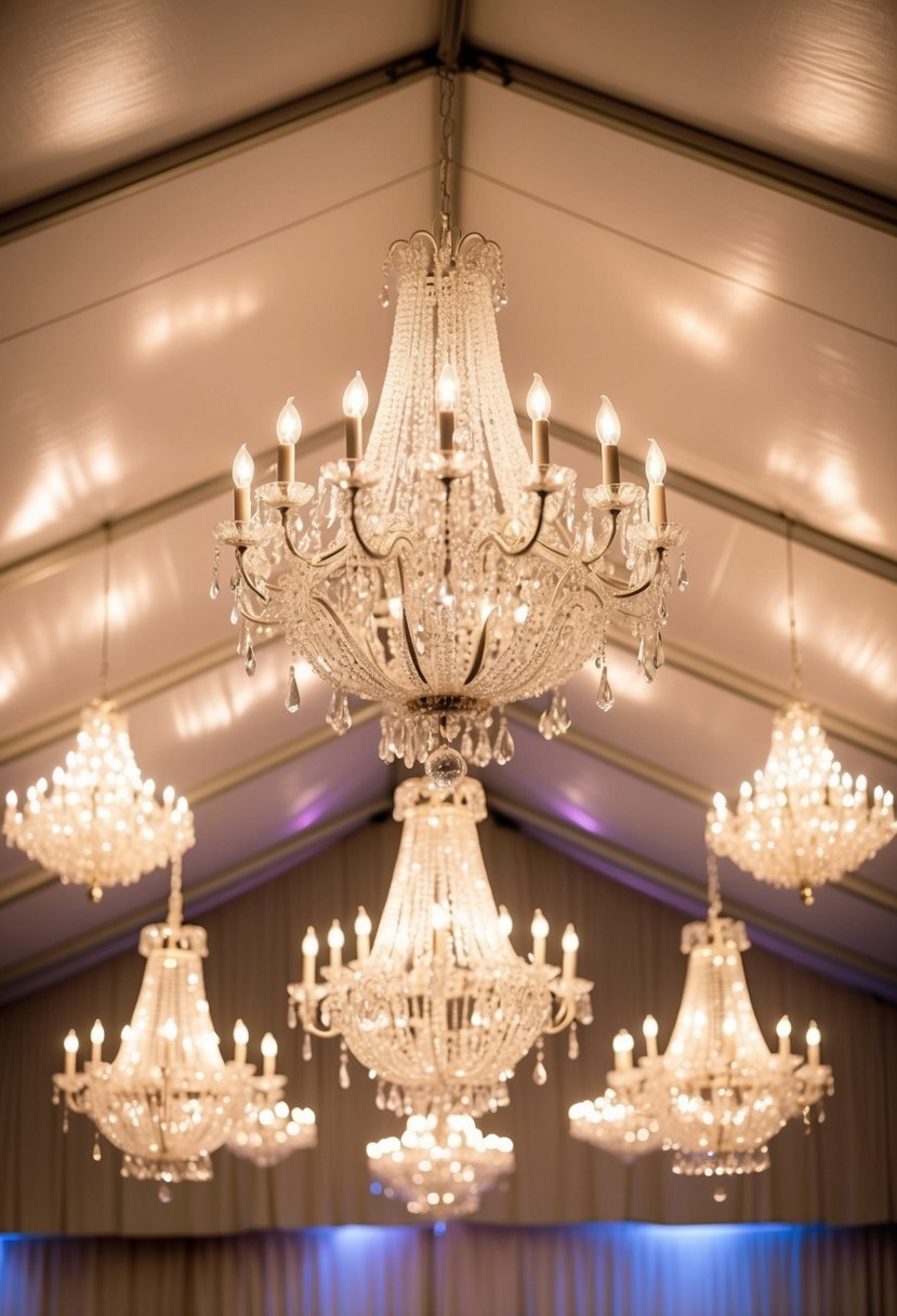 Glistening chandeliers hang from the tent's ceiling, casting a warm, glamorous glow over the elegant wedding reception