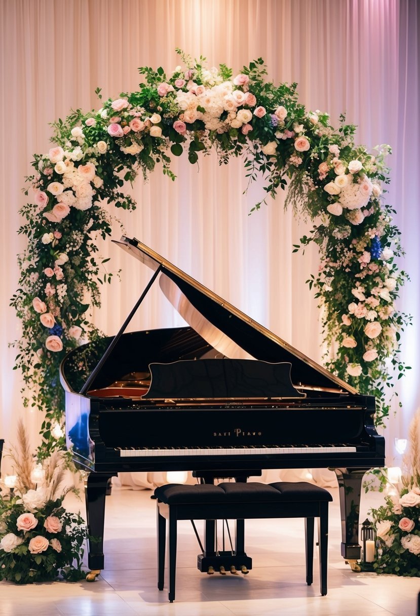 A grand piano sits center stage, bathed in soft light, surrounded by lush floral arrangements and elegant wedding decor