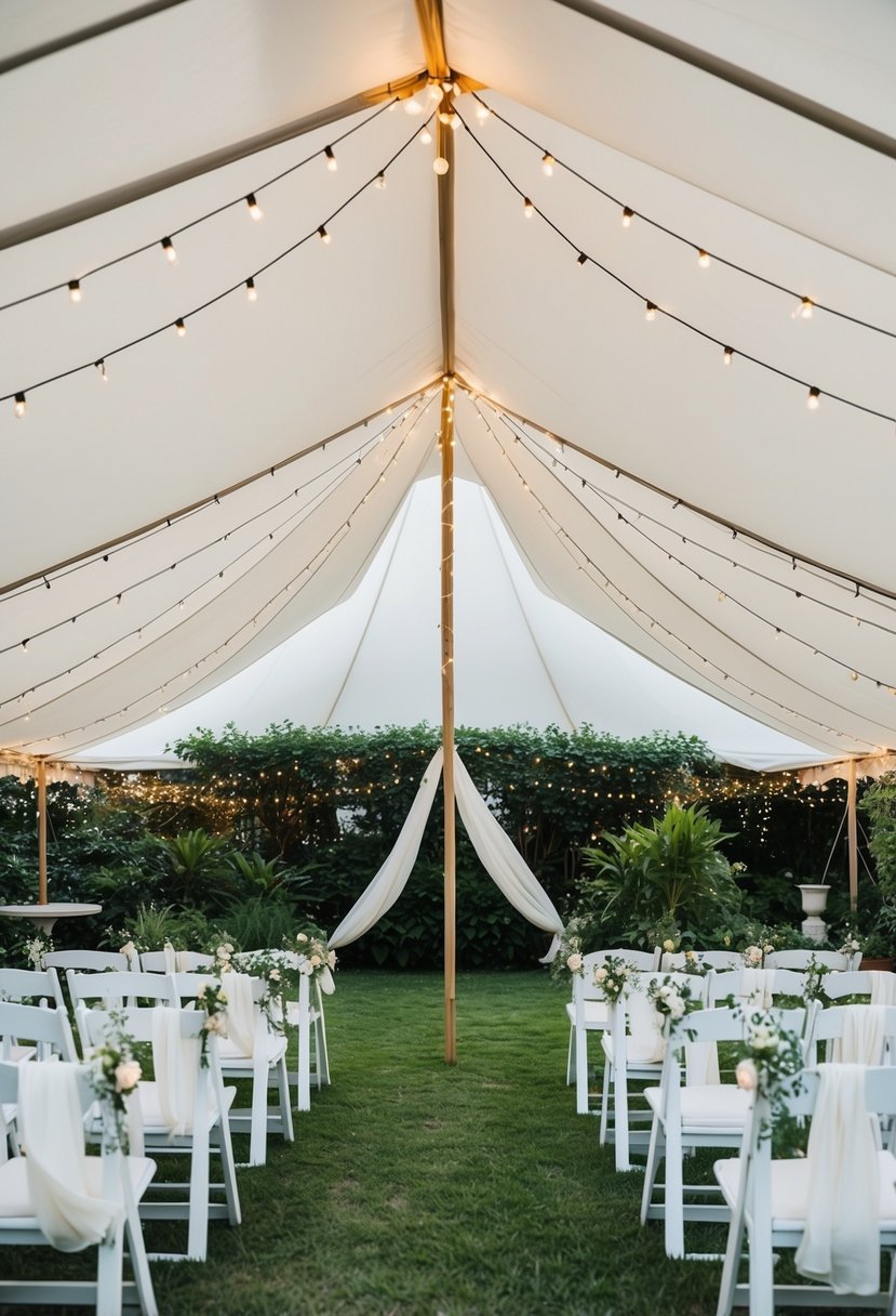 A white sailcloth tent stands in a lush garden, adorned with twinkling lights and flowing fabric, creating an elegant setting for a wedding