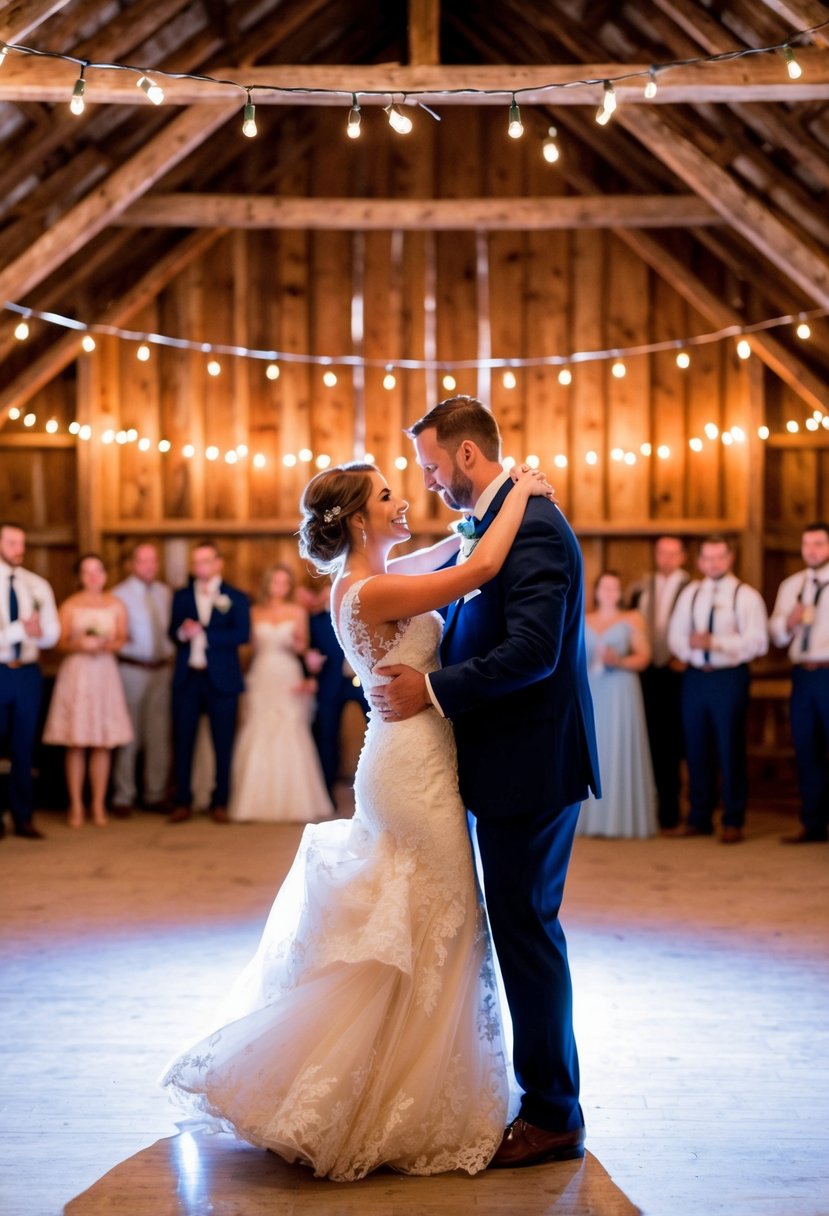 A bride and groom dancing under twinkling lights in a rustic barn with soft, romantic music playing