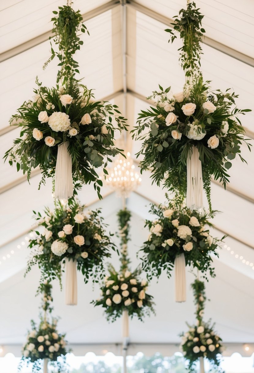 Floral arrangements suspended from tent ceiling in a wedding setting