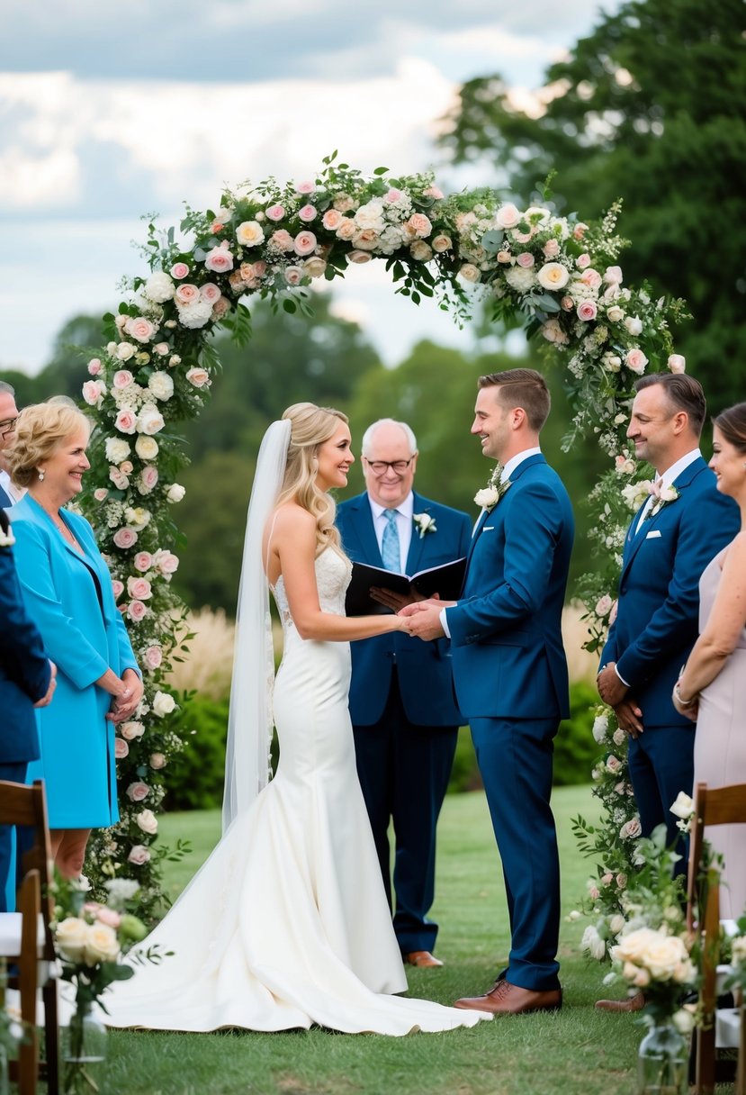 A bride and groom standing under a floral arch, surrounded by family and friends, as they exchange vows during a romantic outdoor wedding ceremony