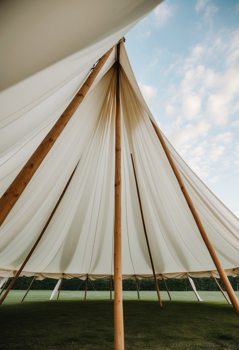 A billowing white fabric draped over wooden poles creates a soft and elegant tent for a romantic wedding celebration