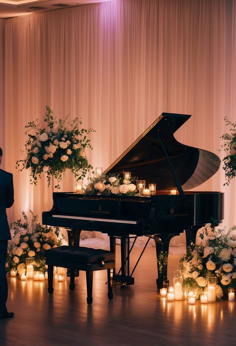 A grand piano bathed in soft candlelight, surrounded by elegant floral arrangements and flickering tea lights, sets the romantic ambiance for a wedding reception