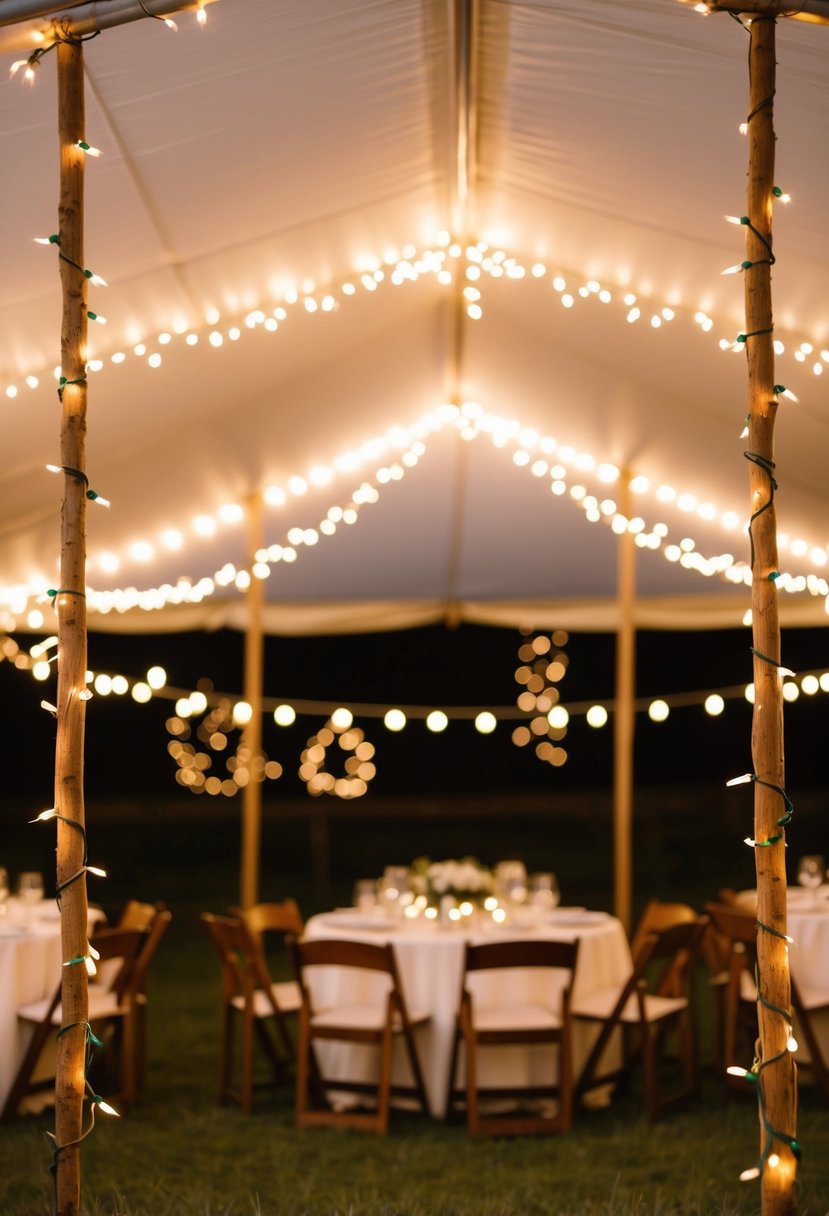 Fairy lights twinkle around a cozy tent, casting a magical glow over the wedding reception