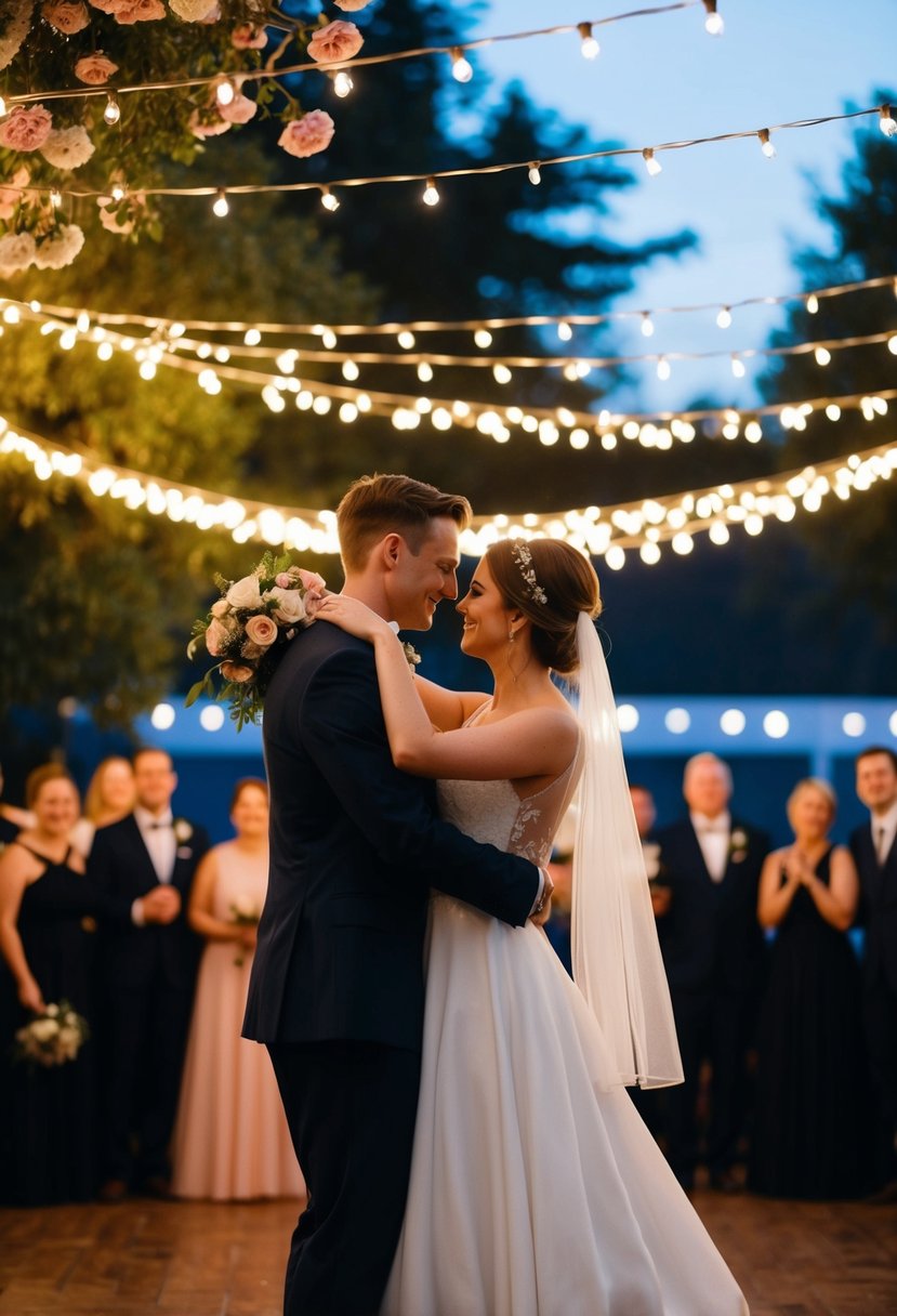 A couple's silhouette dances under a string-lit canopy, surrounded by twinkling lights and blooming flowers