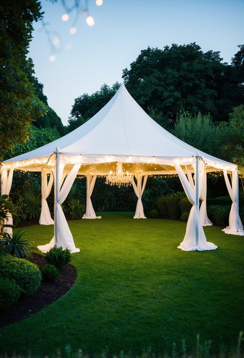 A white frame tent stands elegantly in a lush garden, adorned with flowing fabric and twinkling lights, creating a romantic atmosphere for a wedding celebration