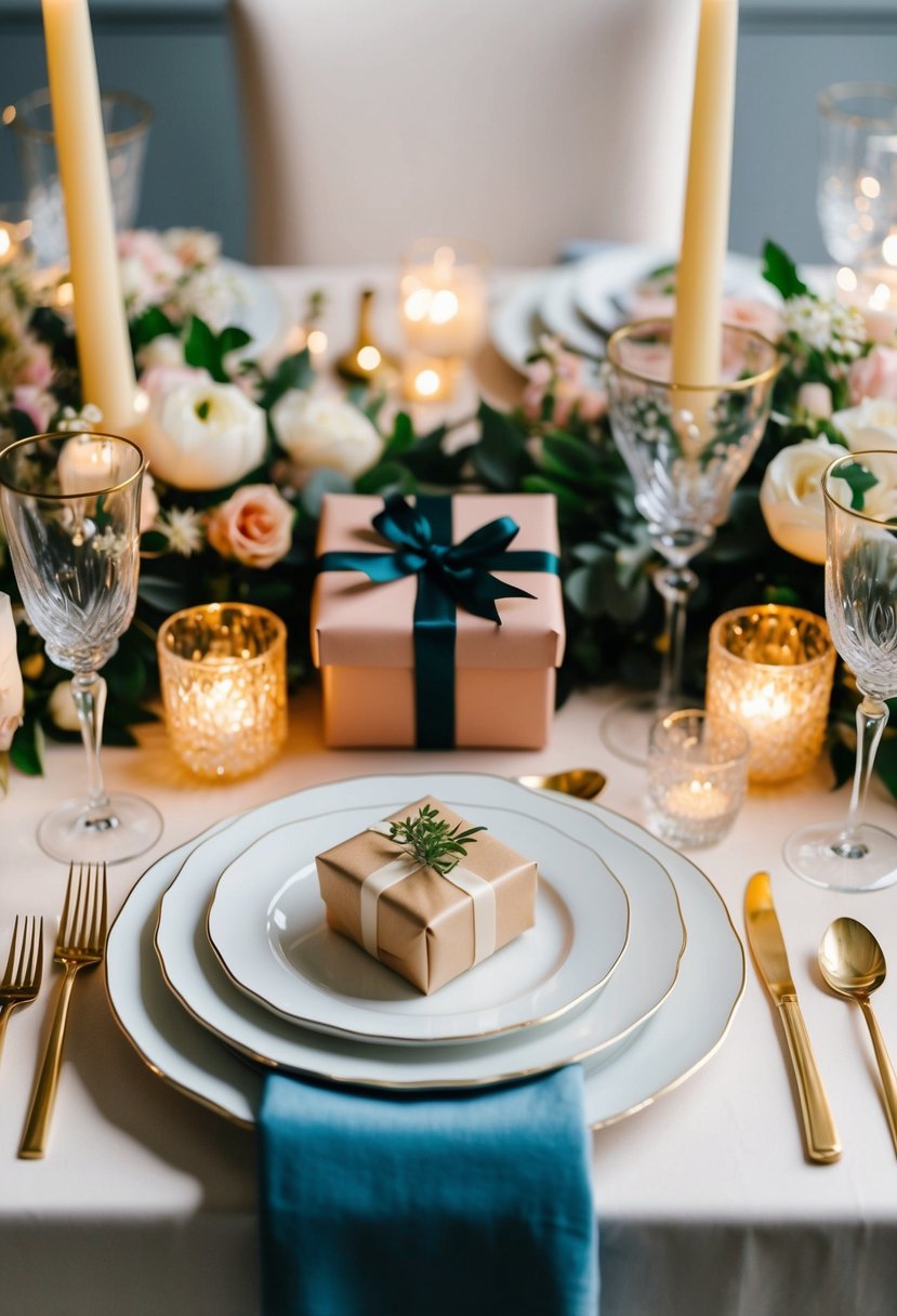 A table adorned with elegant dinnerware, surrounded by delicate floral centerpieces and twinkling candlelight, with a beautifully wrapped gift in the center