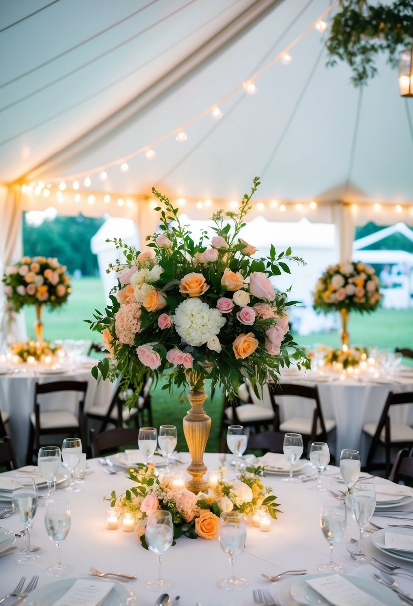 Lush floral centerpieces adorn a tented wedding, creating a vibrant and elegant atmosphere