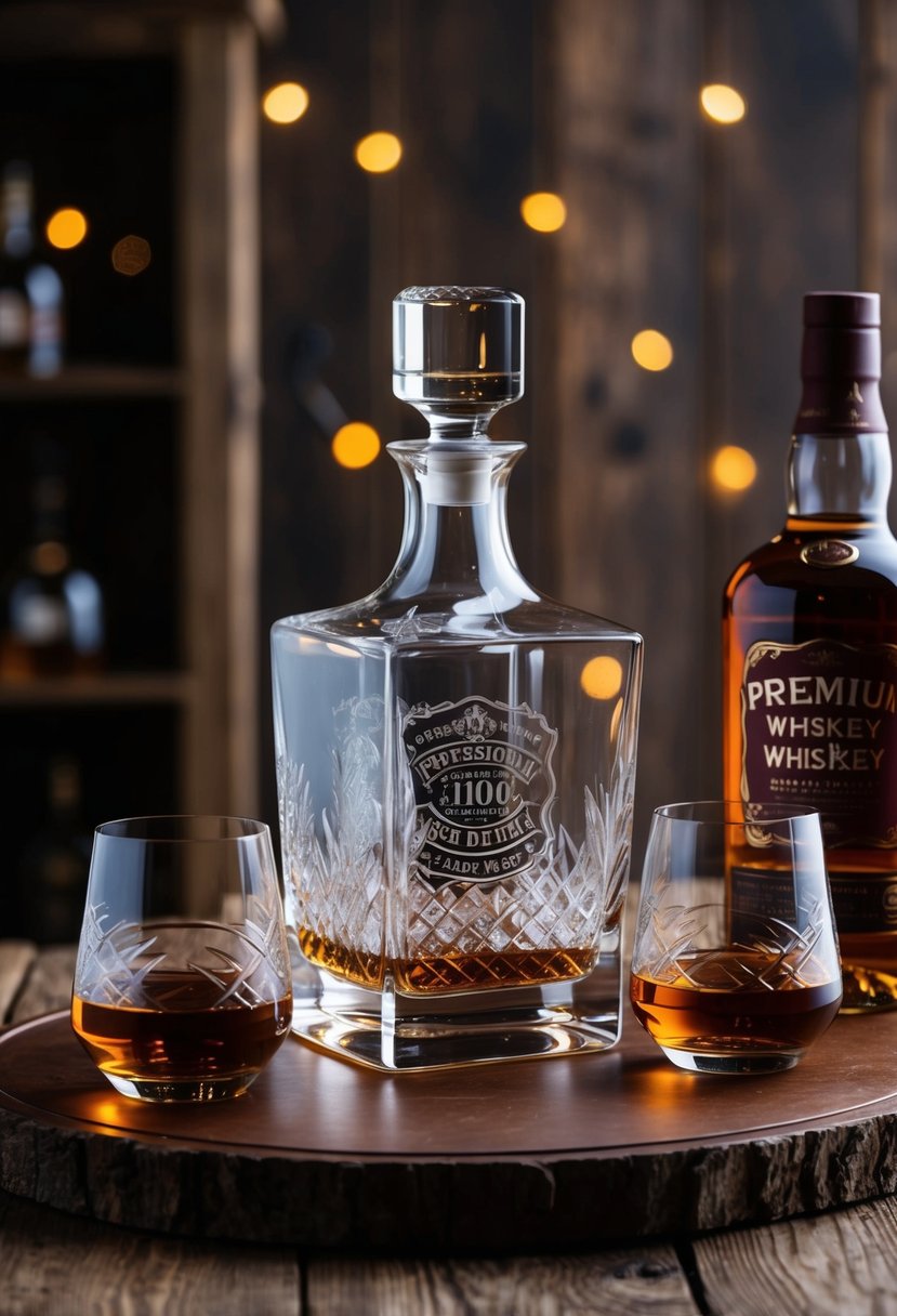 A beautifully engraved whiskey decanter set displayed on a rustic wooden table, surrounded by two matching glasses and a bottle of premium whiskey