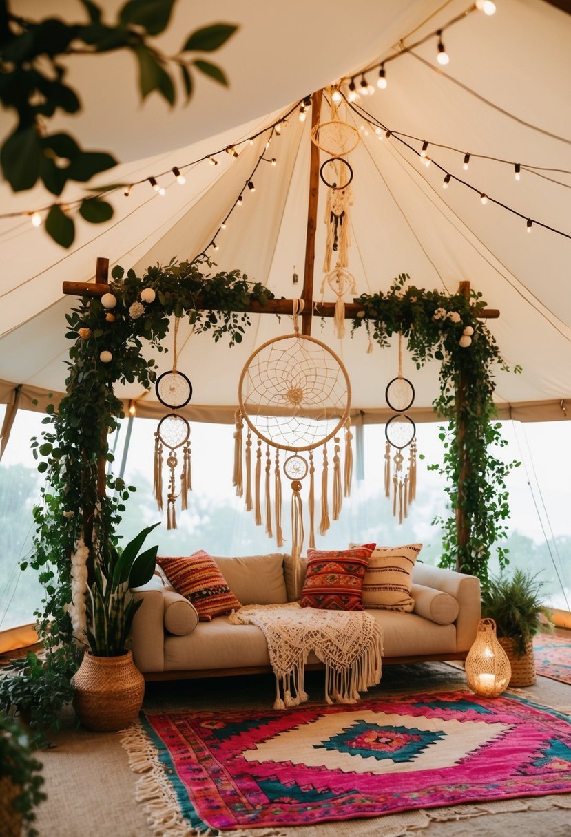 A cozy tent adorned with macramé hangings, dream catchers, and lush greenery. Fairy lights and colorful rugs create a boho atmosphere