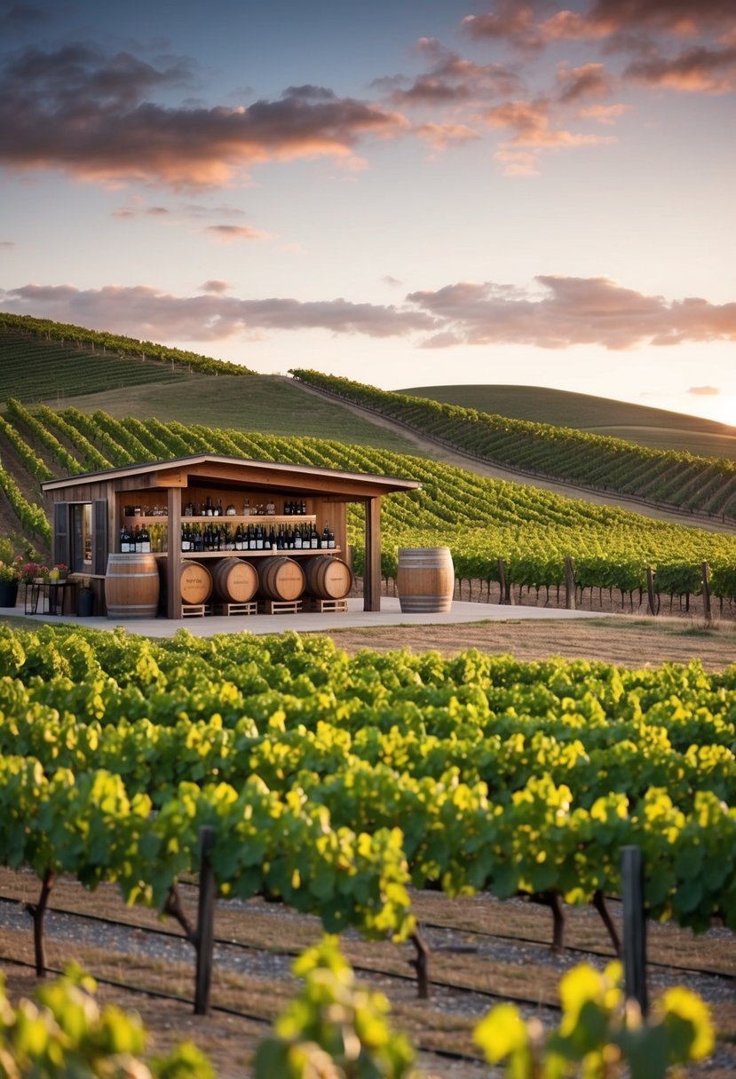 A cozy vineyard with rolling hills, rows of grapevines, and a rustic tasting room with barrels and wine bottles on display